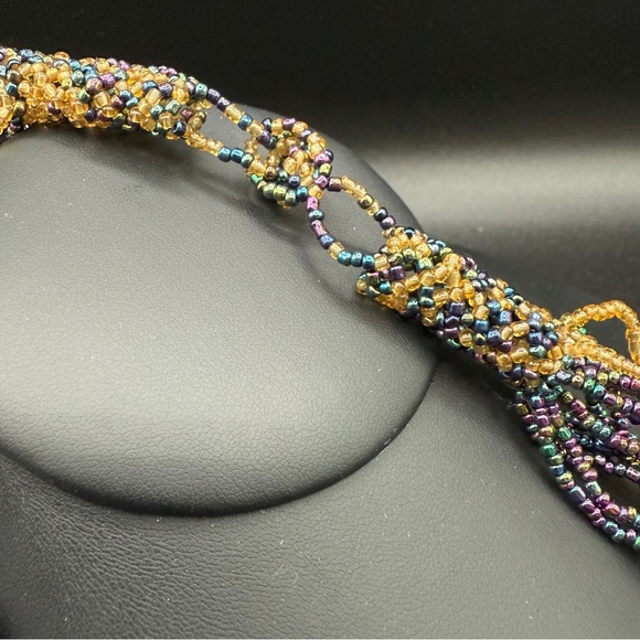 Multicolor Iridescent Seed Beaded Necklace with Large Abalone Shell Pendant - Picture 6 of 17